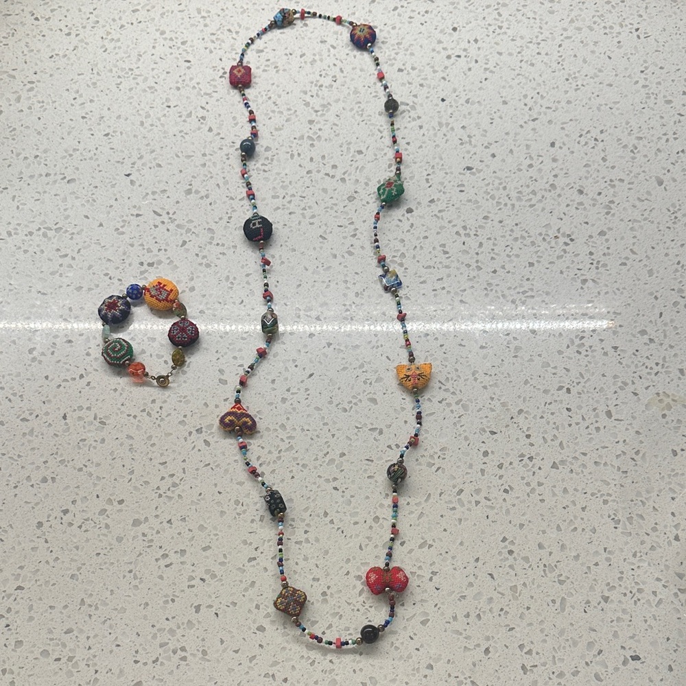 Colorful Beaded an Needlepoint Necklace and Bracelet Set handmade SET